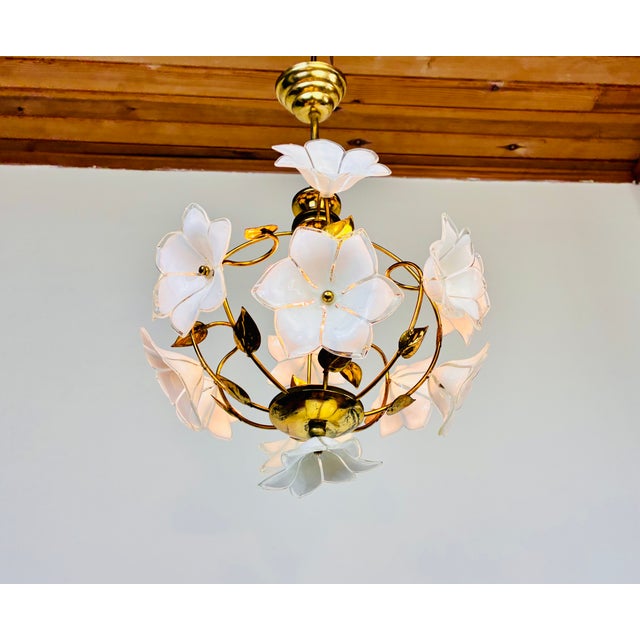 Vintage Murano Style White Floral Globe Chandelier - Brass Finish For Sale - Image 10 of 15