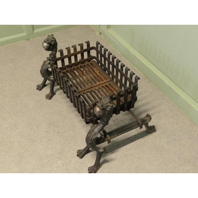 Metal Gothic Inglenook Grate Set on Dragon Andirons For Sale - Image 7 of 8