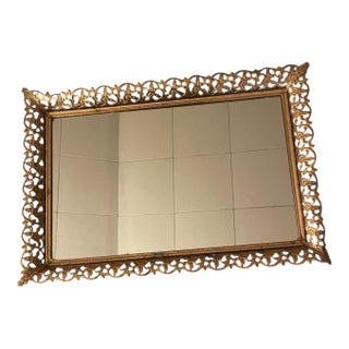 Vintage Hollywood Regency Mirrored Vanity Tray Gold Gilt Filigree Frame For Sale
