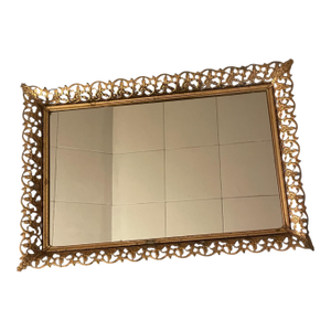 Vintage Hollywood Regency Mirrored Vanity Tray Gold Gilt Filigree Frame