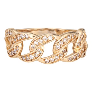 Vintage Diamond Curb Link Ring Sz 7 Yellow Gold Pavé Chain Link Statement Band For Sale