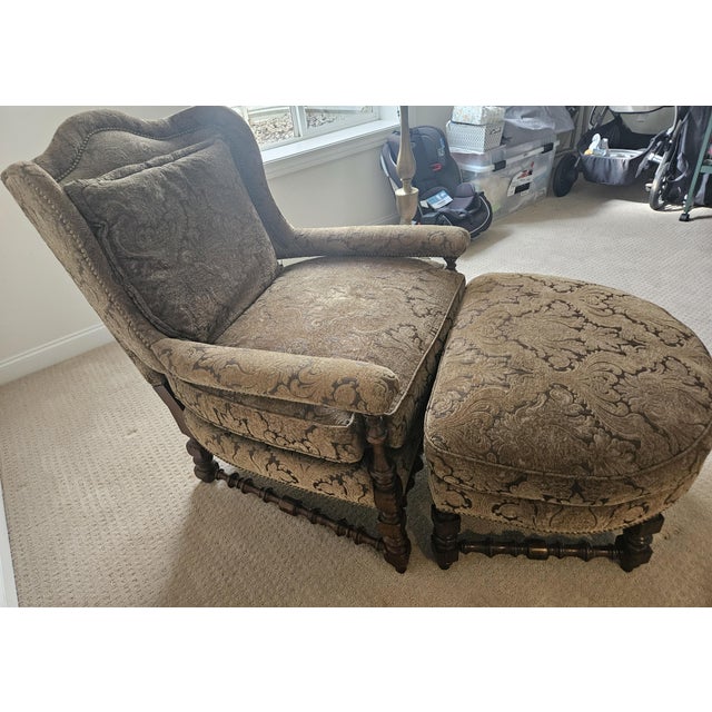 Traditional 1980s Vintage Guy Chaddock & Company Chenille Wingback Chair With Ottoman For Sale - Image 3 of 4