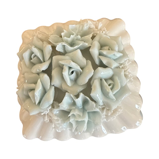 Shabby Chic Vintage Blue and White Porcelain Rose Trinket Box Spaghetti Detail For Sale - Image 3 of 5
