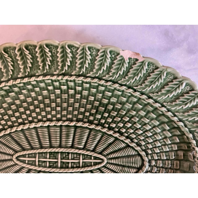 Ceramic Vintage Bordallo Pinheiro Green Basketweave Serving Dish For Sale - Image 7 of 7