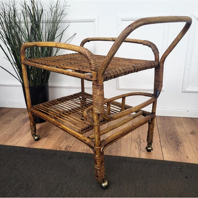 Wood Italian Bohemian French Riviera Bamboo Rattan Bar Cart in the style of Franco Albini, 1970s For Sale - Image 7 of 8