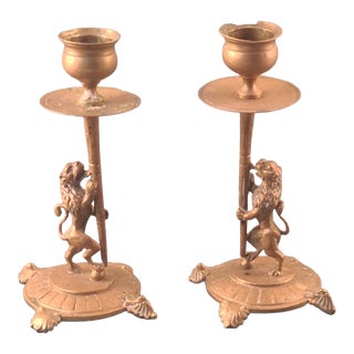 Antique 1800s Pair of English Lion Brass/Bronze Candlesticks For Sale