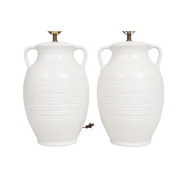Late 20th Century White Ceramic Amphora Table Lamps – A Pair, Late 20th Century For Sale - Image 5 of 7