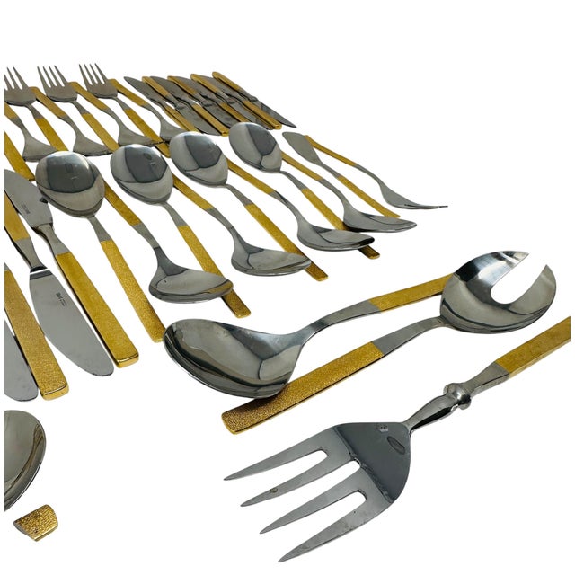 MCM Harvest Gold Flatware, 65pc Solair West Germany Service for 8, Textured Gold Retro Silverware, Forged Stainless Steel, Rare Hosting Set For Sale In Tampa - Image 6 of 12
