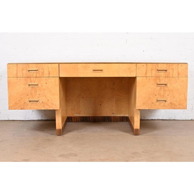 Mid-Century Modern Milo Baughman Style Burl Wood and Macassar Ebony Executive Desk by Henredon For Sale - Image 3 of 13