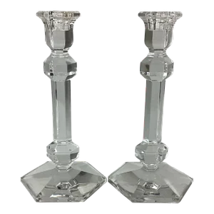 1970s Val St. Lambert Hollywood Regency Crystal Candlesticks - A Pair