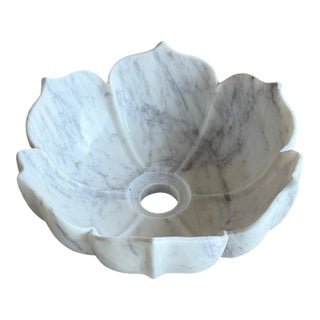 White Marble Vessel Sink – Hand-Carved Flower Shape Bathroom Basin For Sale