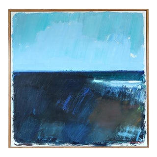 1973 Modernist 'Blue Divide' Vintage Swedish Original Abstract Landscape Oil Painting, Framed For Sale