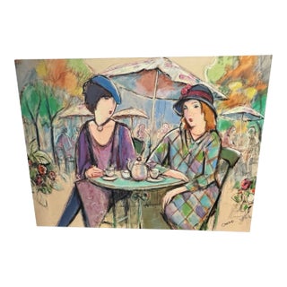 Vintage Crosse Original Watercolor Painting Ladies at Café Signed Modern Impressionist For Sale