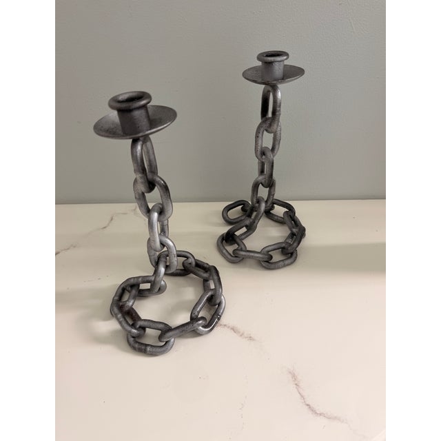 Metal Mid 20th century Illusionistic Brutalist Chain Link Candlesticks - A Pair For Sale - Image 7 of 10