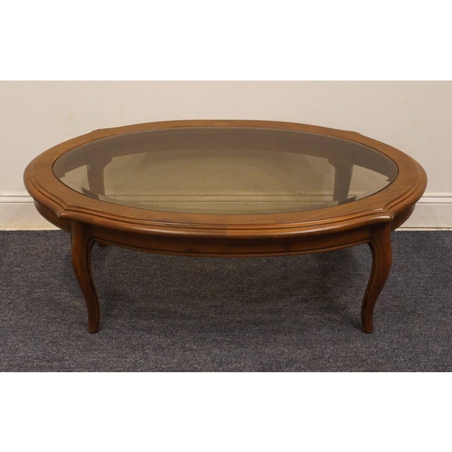 Ethan Allen Chateau Normandy Solid Knotty Pine 48" Oval Coffee Table W. Beveled Amber Glass Top 17-8010 For Sale In Kansas City - Image 6 of 9