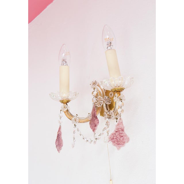 Probably German production. Brass with glass droplets. It works perfectly with two bulbs type E14 Up to 250V (Europe/UK...