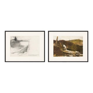 Mid 20th Century Wyeth Study Pair — Hillside Waterfall Study & Landscape Composition — Plates 41–42 For Sale