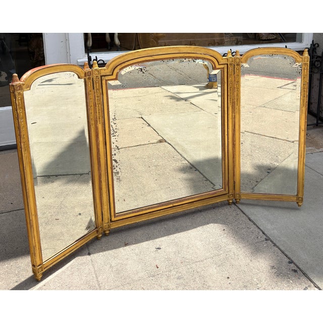 Antique Louis XVI Style Giltwood Tryptic Vanity Table Mirror.