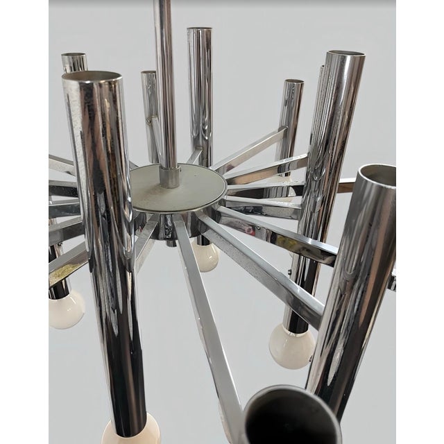 Metal Large Mid-Century Space Age Italian Modern Tubular Chrome Chandelier in Style of Gaetano Sciolari , 1960s For Sale - Image 7 of 16