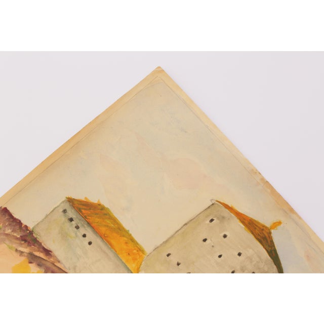 Mid-Century Modern Mid-Century Scandinavian Outsider Folk Art Original Watercolor Painting, Fortress Landscape For Sale - Image 3 of 10