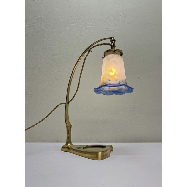 1920s Art Nouveau Brass Table Lamp with Glass Paste Lampshade, 1920s For Sale - Image 5 of 11