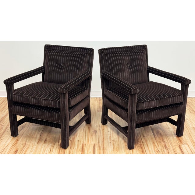 Handsome custom parsons style armchairs newly upholstered in a sophisticated chocolate brown pinstripe upholstery fabric...