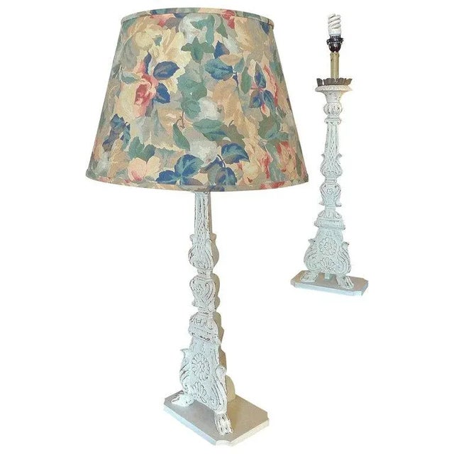 19th Century Italian Hand-Painted Wood and Tin Church Candlestick Lamps - a Pair For Sale - Image 11 of 13