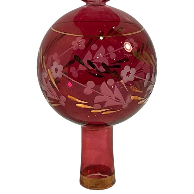 Glass Vintage Cranberry Red Etched Glass Tree Topper 13” For Sale - Image 7 of 12