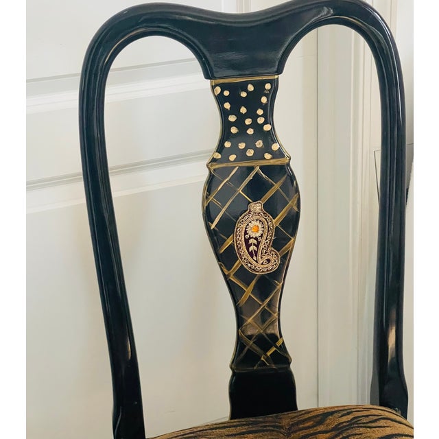 Wood Mackenzie Childs Style 4 Black Lacquer Chairs For Sale - Image 7 of 8