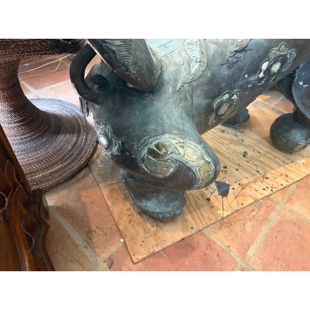 1950s Large 44 Inch High Asian Bronze Foo Dog Statue With Shell Stone Inlay For Sale - Image 10 of 10