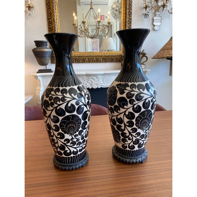 1970s Black and White Painted Ceramic Vases - a Pair For Sale - Image 11 of 11