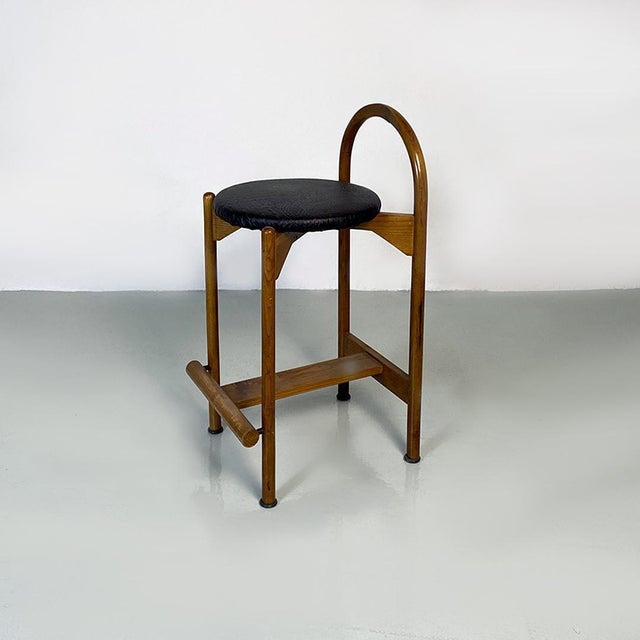 Animal Skin Mid-Century Modern Italian Wooden Structure & Faux Leather Seat High Stool, 1970s For Sale - Image 7 of 14