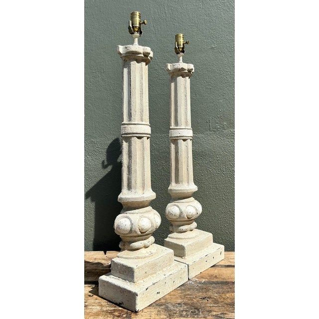 Cream Vintage Cast Iron Column Lamps - A Pair For Sale - Image 8 of 12