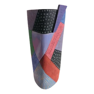 80s Huge Asymmetrical Post Modern Memphis Colorful Abstract Cubist Art Pottery Tall Vase Signed