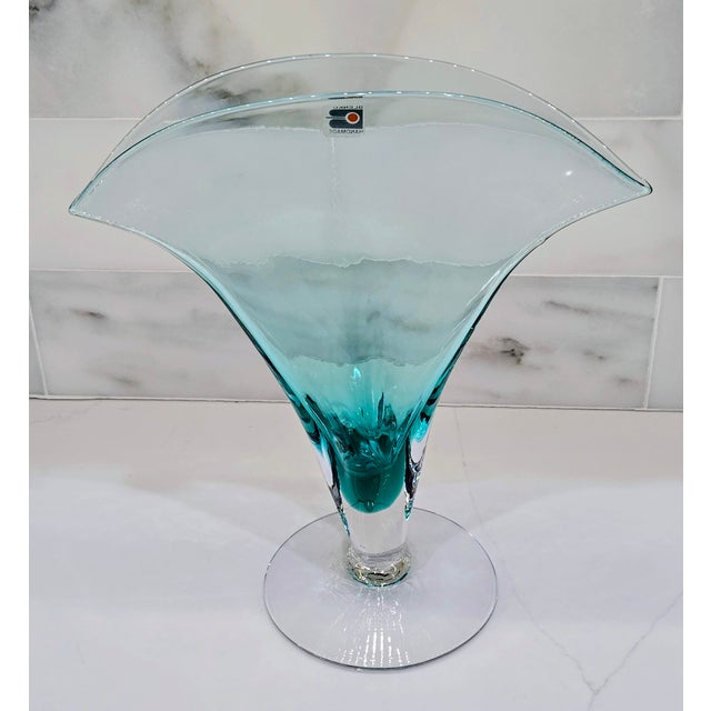 Blenko Blenko Turquoise Ruffled Pedestal Vase With Block B Label For Sale - Image 4 of 8