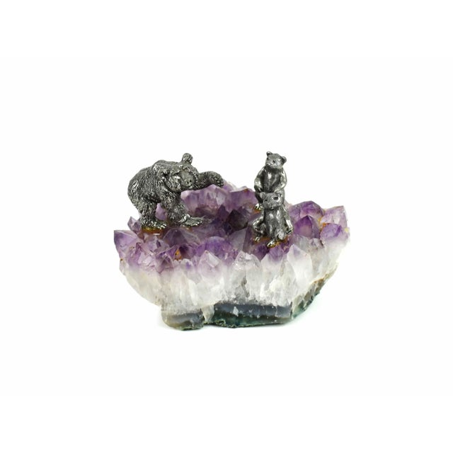Modern Late 20th Century Mama Bear and 2 Cubs Figurines on Natural Amethyst Quartz Geode Stone For Sale - Image 3 of 5