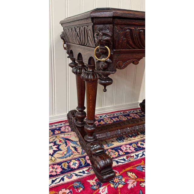 Antique French Oak Renaissance Revival Library Dolphin Table Desk C. 1880s For Sale - Image 15 of 18