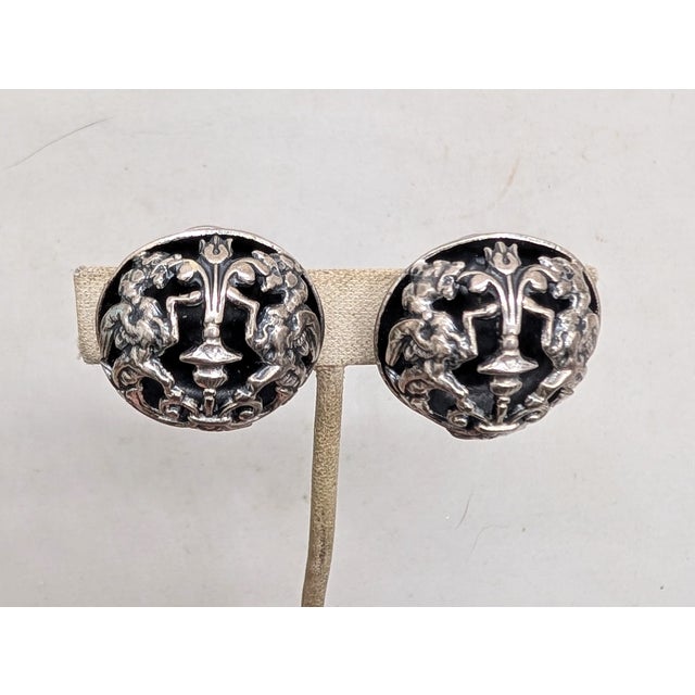 Mid-Century Modern Vintage 1972 Signed Napier Silvertone Round Domed Griffin Clip Earrings-2 Pieces For Sale - Image 3 of 8