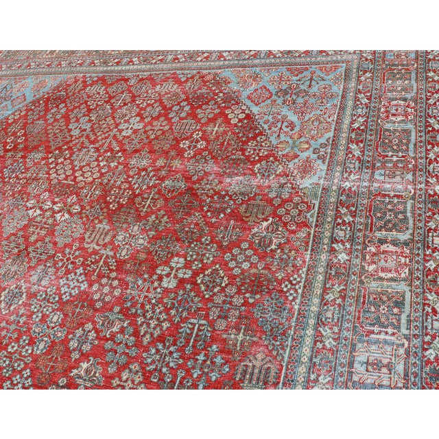 Antique Persian Joshegan Rug With Geometric Medallion Design in Red and Lt. Blue 9'6 X 12'3 For Sale - Image 10 of 15