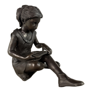Seated Bronze Girl Reading Sculpture – 21" H, Child With Book
