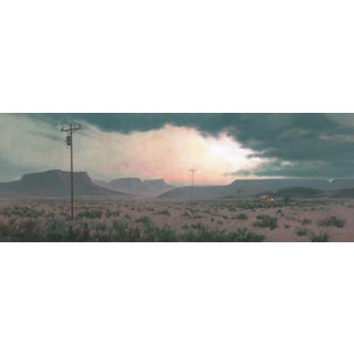 Phone Home by Mark Harrison | Oil on canvas Landscape with mountains and a distant house at dusk For Sale
