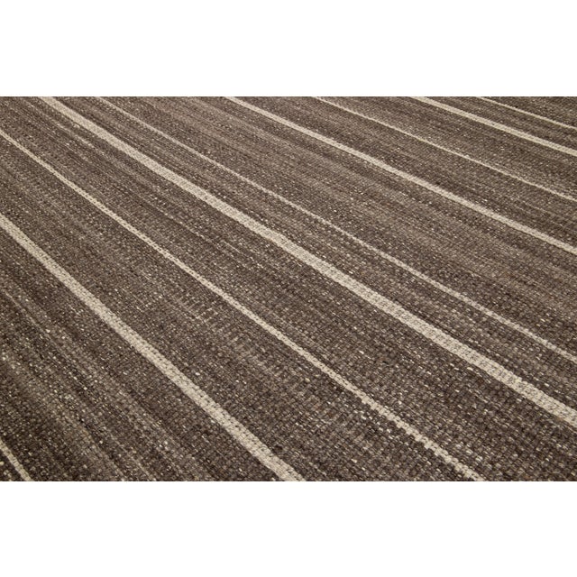 Organic Modern Flatweave Brown Wool Rug With Striped Design For Sale - Image 10 of 11