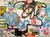 Looping black lines, scalloped bands of sky blue, flashes of yellow and green, and tiny red and pink marks create a...