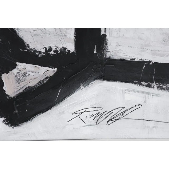 Early 21st Century Manner of Franz Kline, Monumental Mid-Century Modern Op Art Black and White Framed Painting Canvas Art For Sale - Image 5 of 8