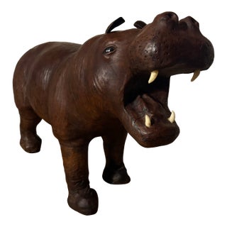 Vintage 1970s Leather Wrapped Hippopotamus Figure With Glass Eyes For Sale