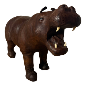 Vintage 1970s Leather Wrapped Hippopotamus Figure With Glass Eyes