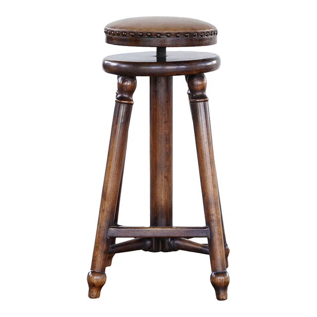 Matthew Izzo Home Public House Recycled Birch Wood Bar Stool With Ochre Leather Seat and Nailheads For Sale