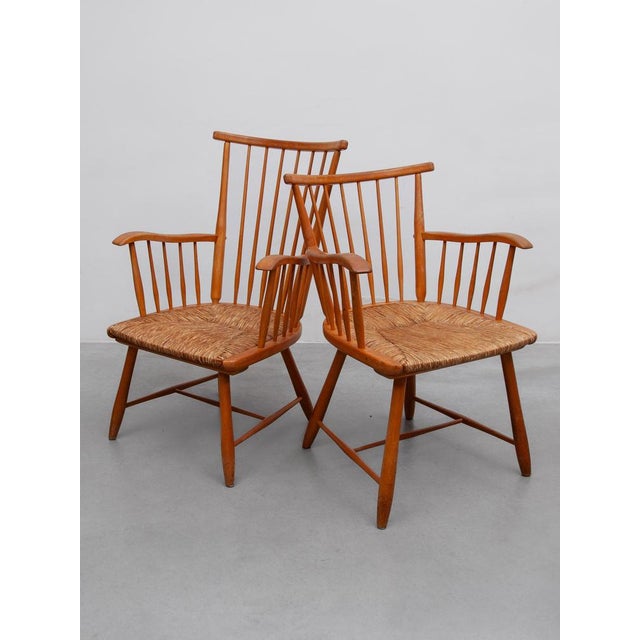 Brown Set of Armchairs in Beech and Paper Cord attributed to Arno Lambrecht for Wk Möbel, 1950s For Sale - Image 8 of 11