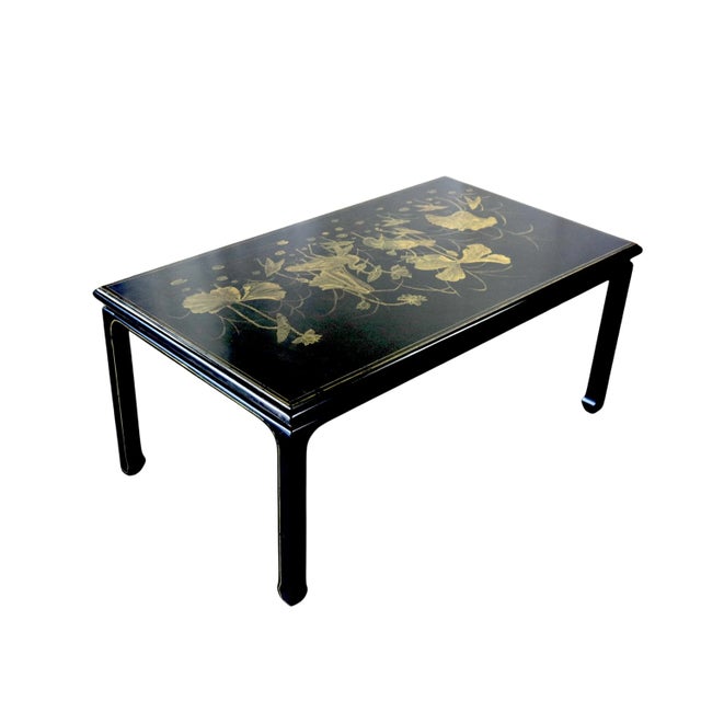 2010s Black Hand-Painted Golden Chinese-Style Lotus Coffee Table For Sale - Image 5 of 10