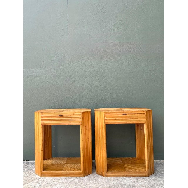 Mid-Century Modern Vintage Rattan Hexagonal Night Stands - A Pair For Sale - Image 3 of 12